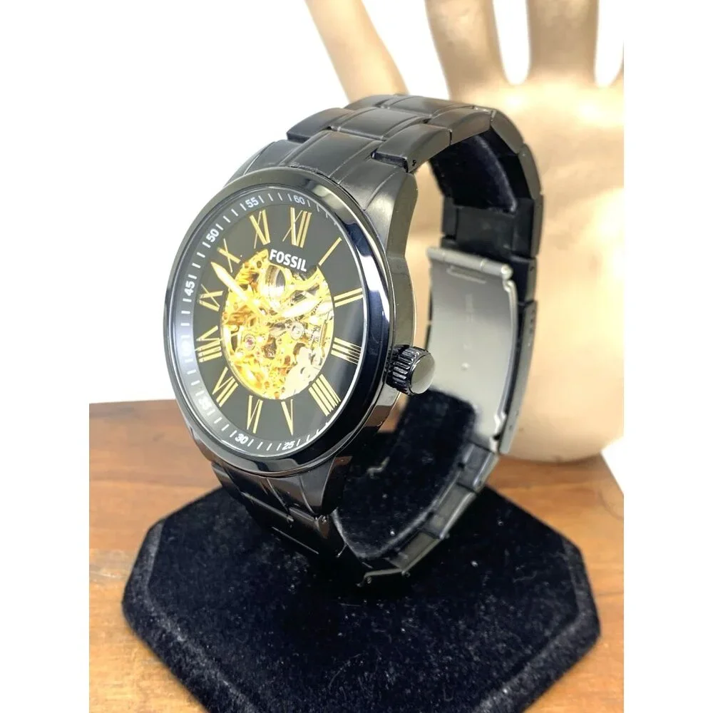 Fossil Men's Watch BQ2092 Flynn Automatic Gold Black Dial Stainless Steel 48mm